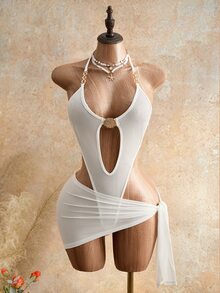 Mistrie Women's Metal Shell Decor Hollow Halter Bodysuit With Mini Skirt,White White Summer Seksi Casual Chic Beach Vacation Outfits Vacation Dresses - White - View 4