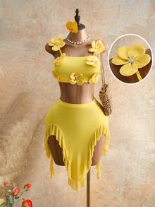 Mistrie Summer New Lemon Yellow 3D Floral Decor Spaghetti Strap Top & Asymmetrical Ruffle Hem Split Skirt 2-Piece Outfit,Casual Holiday Vacation Set  Party - Yellow - View 3