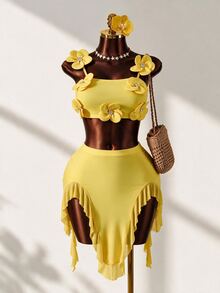 Mistrie Summer New Lemon Yellow 3D Floral Decor Spaghetti Strap Top & Asymmetrical Ruffle Hem Split Skirt 2-Piece Outfit,Casual Holiday Vacation Set  Party - Yellow - View 1
