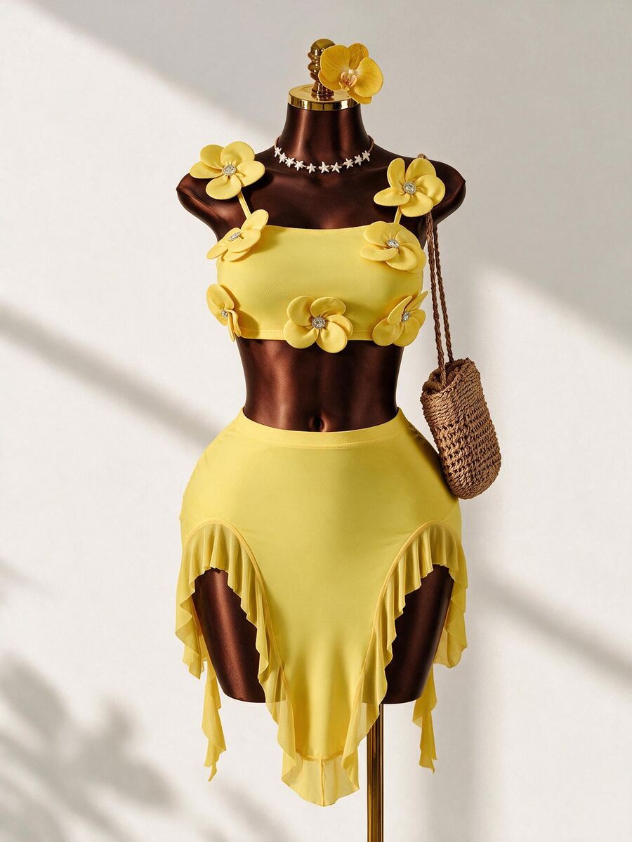 Mistrie Summer New Lemon Yellow 3D Floral Decor Spaghetti Strap Top & Asymmetrical Ruffle Hem Split Skirt 2-Piece Outfit,Casual Holiday Vacation Set Party - Yellow - View 1
