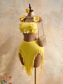 Mistrie Summer New Lemon Yellow 3D Floral Decor Spaghetti Strap Top & Asymmetrical Ruffle Hem Split Skirt 2-Piece Outfit,Casual Holiday Vacation Set  Party - Yellow - View 5