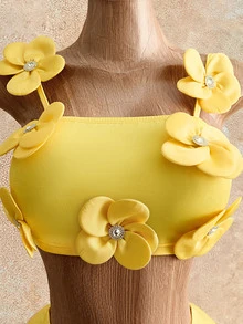 Mistrie Summer New Lemon Yellow 3D Floral Decor Spaghetti Strap Top & Asymmetrical Ruffle Hem Split Skirt 2-Piece Outfit,Casual Holiday Vacation Set  Party - Yellow - View 6