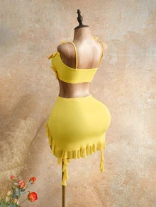 Mistrie Summer New Lemon Yellow 3D Floral Decor Spaghetti Strap Top & Asymmetrical Ruffle Hem Split Skirt 2-Piece Outfit,Casual Holiday Vacation Set  Party - Yellow - View 2