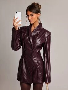 SHEIN BAE 波爾多紅漆皮西裝洋裝女款 2026 秋季 性感優雅修身長袖 PU 皮革迷你裙，適合雞尾酒會、約會之夜與假期 - 酒紅色 - 查看 4