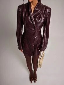 SHEIN BAE 波爾多紅漆皮西裝洋裝女款 2026 秋季 性感優雅修身長袖 PU 皮革迷你裙，適合雞尾酒會、約會之夜與假期 - 酒紅色 - 查看 5