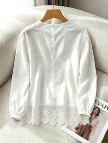 INAWLY Women's Solid Color Round Neck Casual Versatile Everyday Lace Long-Sleeved T-Shirt For Early Autumn - White - View 4