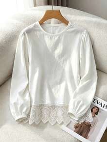INAWLY Women's Solid Color Round Neck Casual Versatile Everyday Lace Long-Sleeved T-Shirt For Early Autumn - White - View 1