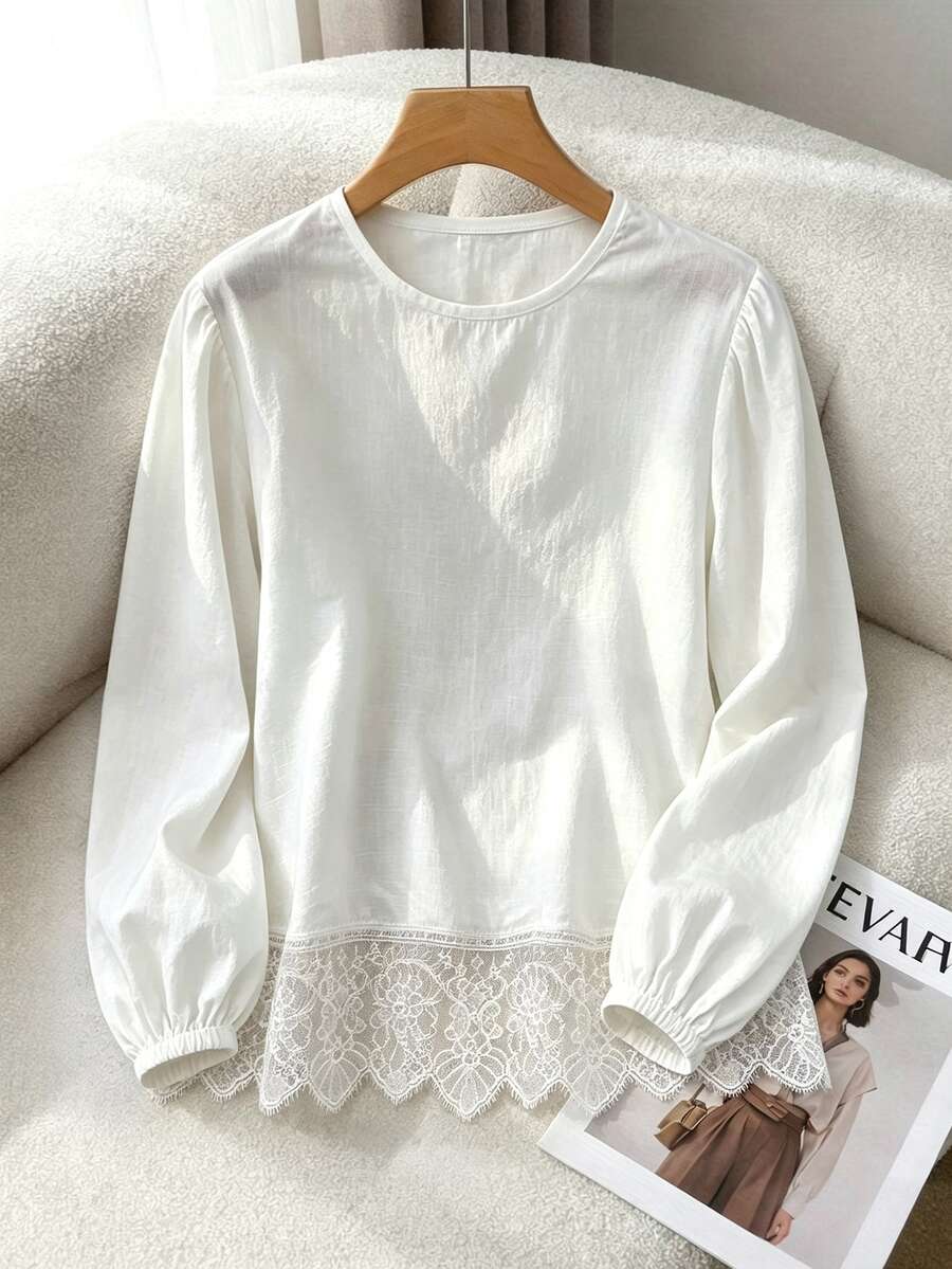 INAWLY Women's Solid Color Round Neck Casual Versatile Everyday Lace Long-Sleeved T-Shirt For Early Autumn - White - View 1