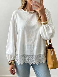 INAWLY Women's Solid Color Round Neck Casual Versatile Everyday Lace Long-Sleeved T-Shirt For Early Autumn - White - View 3