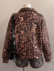 SHEIN Sparklyn 秋冬保暖內裡豹紋街頭風青少年女孩上衣，拼色拼接 23 號半拉鍊領寬鬆衛衣，嘻哈學生套頭夾克 - 彩色 - 查看 3