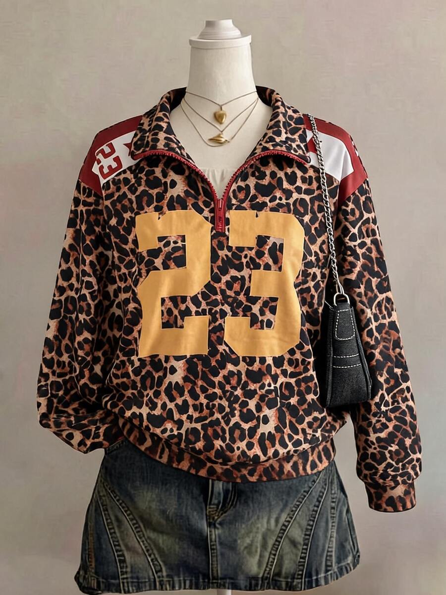 SHEIN Autumn/Winter Thermal Lined Leopard Print Street Style Top For Teen Girl, Colorblock Patchwork, Number 23 Half-Zip Collar Loose Sweatshirt, Hip-Hop Pullover Jacket For Students - Multicolor - View 1