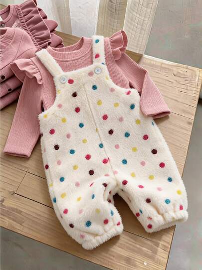 SHEIN Playful Pals 2pcs Set Baju Rajut Bayi Perempuan Atasan + Overall Romper Lucu Manis Krem Putih Polka Dot Berbulu Lengan Panjang Leher Tinggi Tebal Set Pesta Ulang Tahun Musim Dingin Musim Gugur
