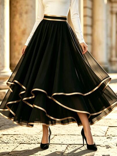 Penseblé Women's High Waist Chiffon Midi Skirt, Fashionable Versatile Fairy Black Desert Style Double Layer Chiffon Full Skirt, A-Line Solid Color High Waist Long Skirt, Women's Autumn French Asymmetrical Hem Ruffle High Waist Trumpet Long Skirt, Suitable For Evening Party, Cocktail Party, Wedding Guest, Valentine's Day, New Year, Date, Commute, Daily, Gathering