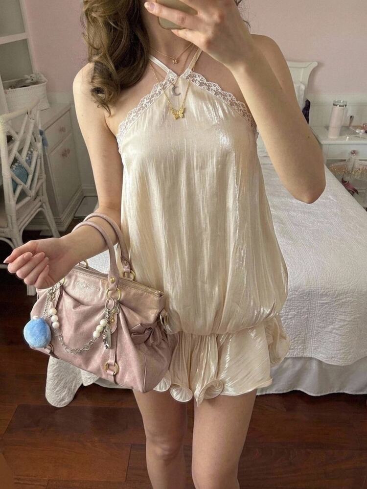 CovetEZ Women's Contrast Lace Ruffle Hem Fashion Halter Neck Mini Dress - Apricot - View 8