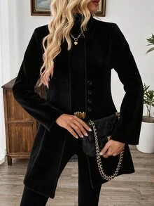 SHEIN LUNE Women's Casual Resort Stand Collar Fitted Woolen Jacket Fall Winter Cloth For Women - Black - View 3