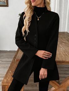 SHEIN LUNE Women's Casual Resort Stand Collar Fitted Woolen Jacket Fall Winter Cloth For Women - Black - View 7
