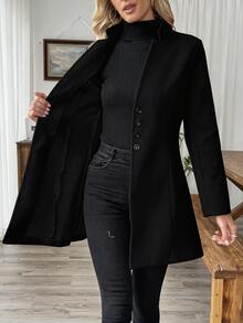 SHEIN LUNE Women's Casual Resort Stand Collar Fitted Woolen Jacket Fall Winter Cloth For Women - Black - View 5