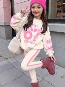 女童休閒酷感 67 號蝴蝶結圖案奶油白與粉色拼色圓領長袖運動衫與內搭褲 2 件套，適合秋冬，復古可愛舒適秋冬風格 - 彩色 - 查看 1