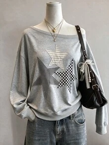 Lalippa 條紋數位印花時尚簡約女款大圓領長袖運動衫，送友禮物 - 淺灰色 - 查看 4