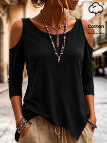 SHEIN Solid Color Off-Shoulder Asymmetrical Hem T-Shirt Everyday Date Black Autumn Sexy - Black - View 4