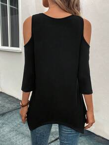 SHEIN Solid Color Off-Shoulder Asymmetrical Hem T-Shirt Everyday Date Black Autumn Sexy - Black - View 2
