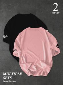 PAVTROS 2pcs Men's Round Neck Short Sleeve Fashionable Printed Casual Fitted T-Shirts, Summer - Pink - View 2