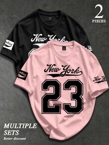 PAVTROS 2pcs Men's Round Neck Short Sleeve Fashionable Printed Casual Fitted T-Shirts, Summer - Pink - View 1