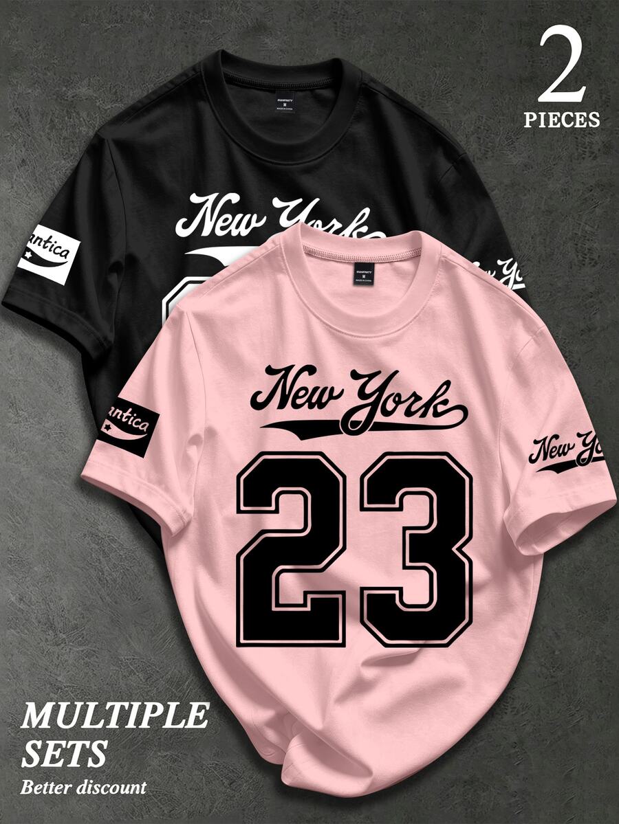 PAVTROS 2pcs Men's Round Neck Short Sleeve Fashionable Printed Casual Fitted T-Shirts, Summer - Pink - View 1