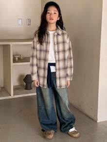 Dazy Kids Tween女孩寬鬆格紋襯衫，秋季新款長袖休閒外套上衣 - 卡其色 - 查看 6