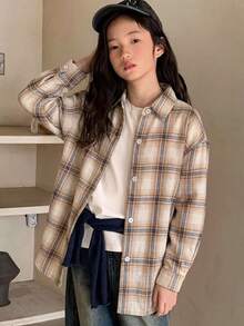 Dazy Kids Tween女孩寬鬆格紋襯衫，秋季新款長袖休閒外套上衣 - 卡其色 - 查看 3