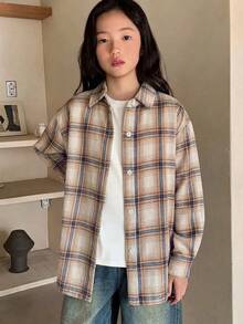 Dazy Kids Tween女孩寬鬆格紋襯衫，秋季新款長袖休閒外套上衣 - 卡其色 - 查看 1