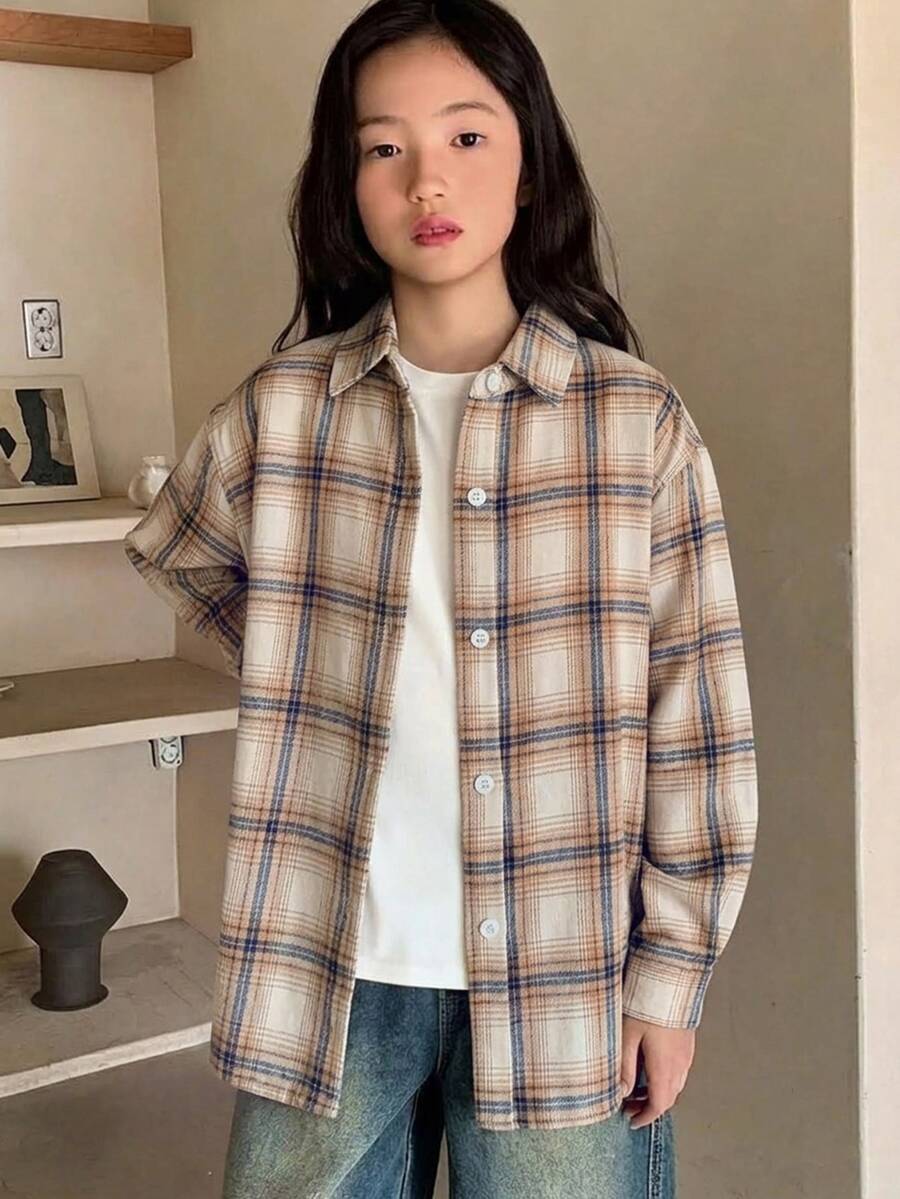 Dazy Kids Tween女孩寬鬆格紋襯衫,秋季新款長袖休閒外套上衣 - 卡其色 - 查看 1