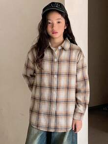 Dazy Kids Tween女孩寬鬆格紋襯衫，秋季新款長袖休閒外套上衣 - 卡其色 - 查看 7