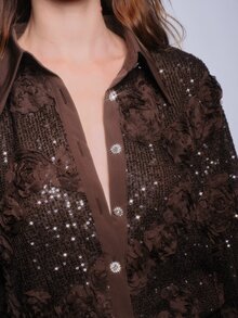 Anewsta Solid Color Sequin Long Sleeve Shirt Collar Blouse For Women - Brown - View 3