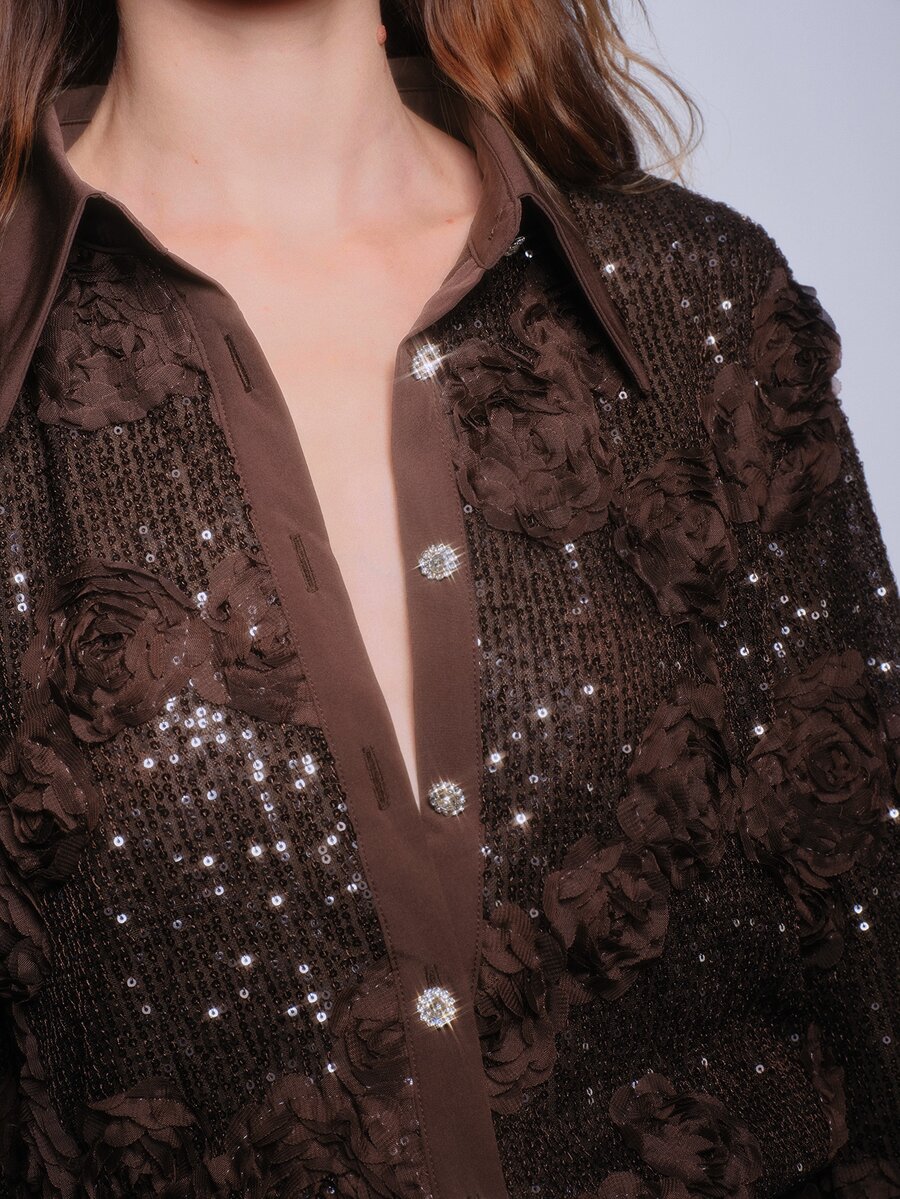 Anewsta Solid Color Sequin Long Sleeve Shirt Collar Blouse For Women - Brown - View 1