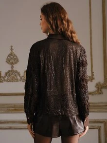 Anewsta Solid Color Sequin Long Sleeve Shirt Collar Blouse For Women - Brown - View 2