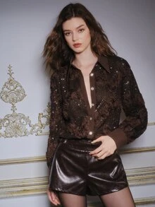 Anewsta Solid Color Sequin Long Sleeve Shirt Collar Blouse For Women - Brown - View 4