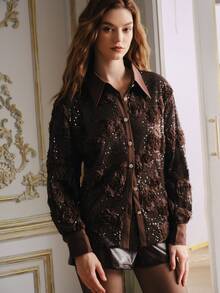 Anewsta Solid Color Sequin Long Sleeve Shirt Collar Blouse For Women - Brown - View 7