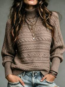 SHEIN Oat Brown Slouchy Turtleneck Cable Knit Sweater For Women - Mocha Brown - View 8
