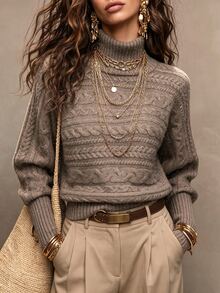 SHEIN Oat Brown Slouchy Turtleneck Cable Knit Sweater For Women - Mocha Brown - View 3