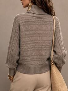 SHEIN Oat Brown Slouchy Turtleneck Cable Knit Sweater For Women - Mocha Brown - View 2