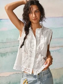 SoleilVie 女士白色花卉刺绣荷叶边领短袖衬衫 - 白色 - 查看 7