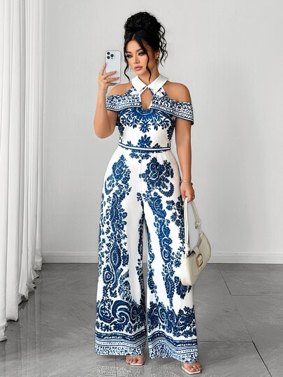 Elenzga Mono largo de mujer talla grande estilo vintage de lujo para primavera/verano, con cuello, hombros descubiertos, cintura ceñida y pernera ancha, tejido de punto elástico, base blanca con estampado de cachemira azul porcelana, adecuado para citas, fiestas y vacaciones