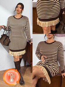 Lounesse Plus Size Women's Striped Tassel Design Casual Knit Dress Casual Elegant Daily Going Out Knit Dress For Women Fall/Winter Office Teacher Work Dress - Multicolor - View 7
