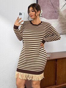 Lounesse Plus Size Women's Striped Tassel Design Casual Knit Dress Casual Elegant Daily Going Out Knit Dress For Women Fall/Winter Office Teacher Work Dress - Multicolor - View 6