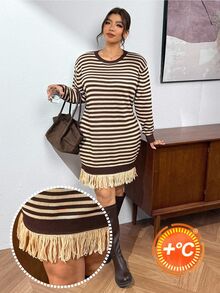 Lounesse Plus Size Women's Striped Tassel Design Casual Knit Dress Casual Elegant Daily Going Out Knit Dress For Women Fall/Winter Office Teacher Work Dress - Multicolor - View 2