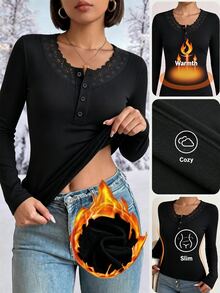 SHEIN 女款秋冬黑色蕾絲飾邊鈕扣半開領保暖內裡修身長袖加厚內搭上衣 - 黑色 - 查看 7