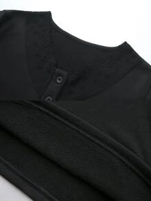 SHEIN 女款秋冬黑色蕾絲飾邊鈕扣半開領保暖內裡修身長袖加厚內搭上衣 - 黑色 - 查看 5