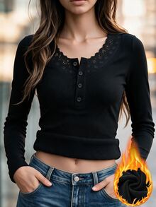 SHEIN 女款秋冬黑色蕾絲飾邊鈕扣半開領保暖內裡修身長袖加厚內搭上衣 - 黑色 - 查看 4