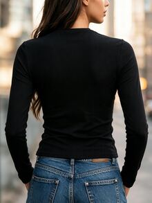 SHEIN 女款秋冬黑色蕾絲飾邊鈕扣半開領保暖內裡修身長袖加厚內搭上衣 - 黑色 - 查看 2